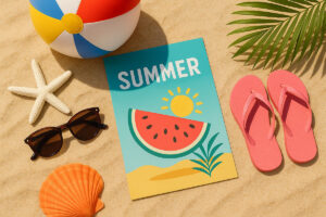 Zomerdrukwerk, Prestess print, posters, flyers, beachvlag